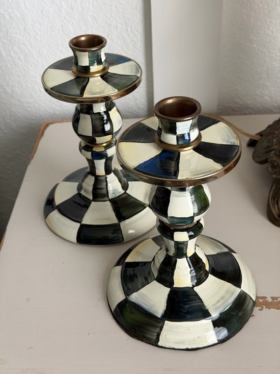 MacKenzie-Childs Other - Mackenzie Childs Enamel Candlesticks Courtly Check Black and White 8 inches
